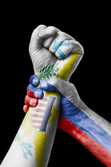 Russia VS Virgin islands us, Fist painted in colors of Virgin islands us flag, fist flag, country of Virgin islands us