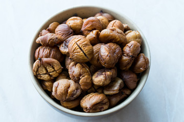 Peeled Roasted Raw Organic Chestnuts in Bowl.