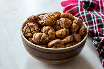 Peeled Roasted Raw Organic Chestnuts in Bowl.