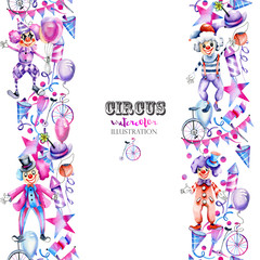 Obraz na płótnie Canvas Borders with watercolor circus clowns and festive elements, baby shower, birthday card and other design