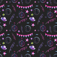 Watercolor circus and festive elements seamless pattern, hand painted on a dark background