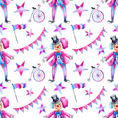 Watercolor circus clowns, monocycles, flags and stars seamless pattern, hand painted on a white background