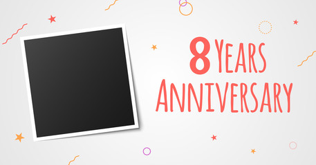 8 years anniversary photo frame card. 8 years anniversary vector elegant template design