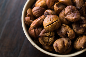 Peeled Roasted Raw Organic Chestnuts in Bowl.