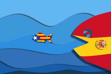 A small fish in the color of the flag of Catalonia falls into the mouth of a huge predatory fish..in the color of the flag of Spain. concept of national conflict in Spain..