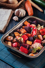 Roasted vegetables on baking metal tray