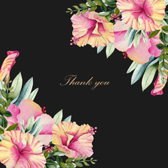 Naklejka premium Card template with watercolor hibiscus flowers and green leaves, hand painted on a dark background, thank you card design