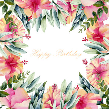 Card template with floral border from watercolor hibiscus flowers and green leaves, hand painted on a white background, birthday card design