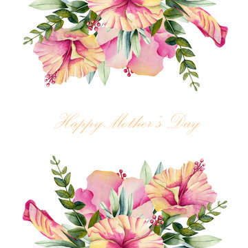 Card template with watercolor hibiscus flowers and green leaves, hand painted on a white background, Mother's day card design