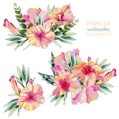 Watercolor hibiscus flowers and leaves bouquets collection, hand painted isolated on a white background