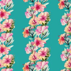Foto op Plexiglas Watercolor hibiscus flowers and leaves ornament seamless pattern, hand painted on a turquoise background © nastyasklyarova