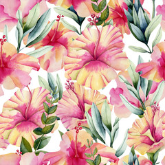 Watercolor hibiscus flowers and leaves seamless pattern, hand painted on a white background