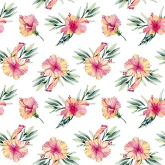 Fototapete Tropische Pflanzen Aquarell Hibiskusblüten, Zweige und Blätter Blumensträuße nahtlose Muster, handbemalt auf weißem Hintergrund