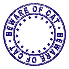 Fototapeta na wymiar BEWARE OF CAT stamp seal watermark with distress texture. Designed with round shapes and stars. Blue vector rubber print of BEWARE OF CAT tag with dust texture.