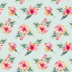 Watercolor hibiscus flowers, branhces and leaves bouquets seamless pattern, hand painted on a blue background