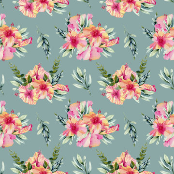 Watercolor hibiscus flowers, branhces and leaves bouquets seamless pattern, hand painted on a blue background