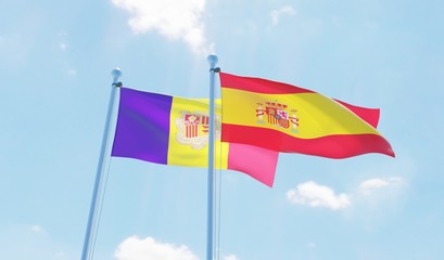 Spain and Andorra, two flags waving against blue sky. 3d image