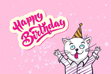 Kawaii, a cat in a shirt and cap. lettering happy birthday, vector illustration. Greeting card, drawing for your design. Hand drawn vector illustration