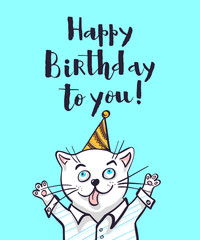 Kawaii, a cat in a shirt and cap. lettering happy birthday, vector illustration. Greeting card, drawing for your design. Hand drawn vector illustration