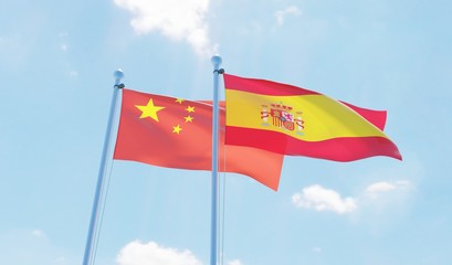 Spain and China, two flags waving against blue sky. 3d image