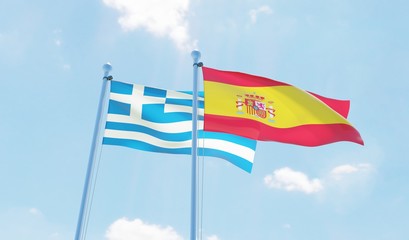 Spain and Greece, two flags waving against blue sky. 3d image