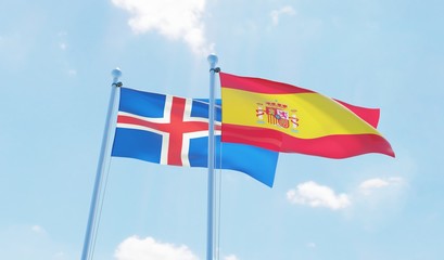 Spain and Iceland, two flags waving against blue sky. 3d image