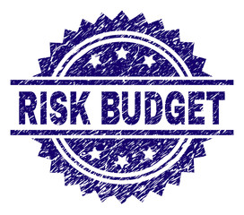 RISK BUDGET stamp seal watermark with distress style. Blue vector rubber print of RISK BUDGET caption with retro texture.