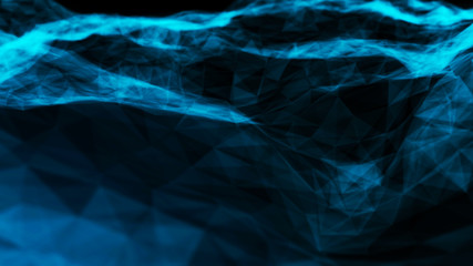 Visualization of electron particles in the world of atoms and molecules. Network nodes blue plexus background. Network connection concept. 3D rendering.
