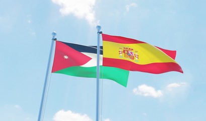 Spain and Jordan, two flags waving against blue sky. 3d image