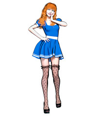 Sexy anime 3d doll japanese anime girl big green eyes bright makeup.Short blue dress dark stockings.Cartoon, comics, sketch, drawing, manga illustration.Conceptual fashion art.Seductive candid pose