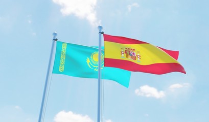 Spain and Kazakhstan, two flags waving against blue sky. 3d image