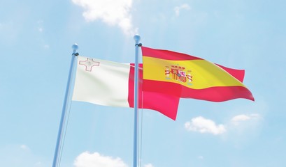 Spain and Malta, two flags waving against blue sky. 3d image