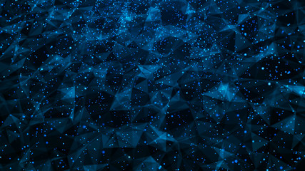 Visualization of electron particles in the world of atoms and molecules. Network nodes blue plexus background. Network connection concept. 3D rendering.
