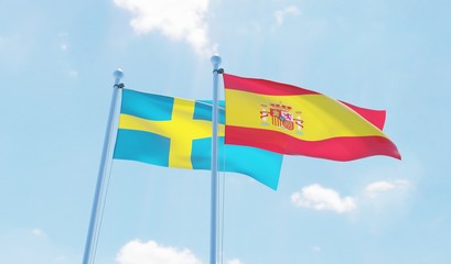 Spain and Sweden, two flags waving against blue sky. 3d image