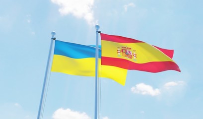 Spain and Ukraine, two flags waving against blue sky. 3d image