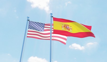 Spain and USA, two flags waving against blue sky. 3d image