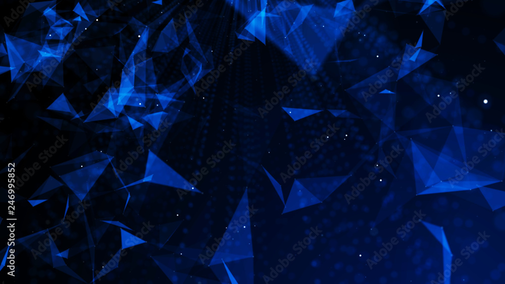 Poster Visualization of electron particles in the world of atoms and molecules. Network nodes blue plexus background. Network connection concept. 3D rendering.