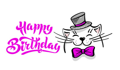 Kawaii, a contented white cat with a hat and bow tie. lettering happy birthday. Greeting card, drawing for your design. Hand drawn vector illustration. Cartoon style