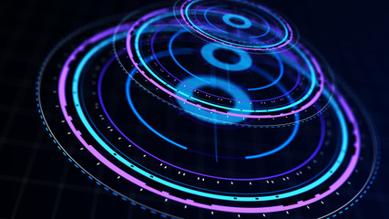 Futuristic control mechanisms on net background.Scientific futuristic interface. Round blue abstract radar concept.3D rendering.