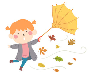 Kid Girl Autumn Leaves Umbrella Illustration