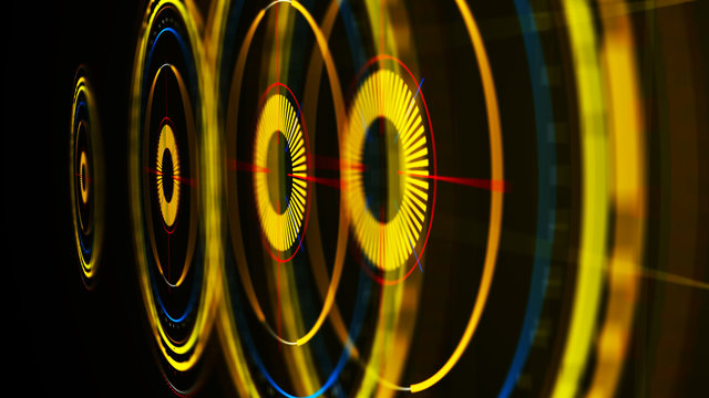 Futuristic control mechanisms on net background.Scientific futuristic interface. Round yellow abstract radar concept.3D rendering.