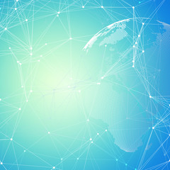 Abstract futuristic network shapes. High tech background, connecting lines and dots, polygonal linear texture. World globe on blue. Global network connections, geometric design, dig data concept.