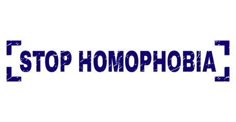 STOP HOMOPHOBIA text seal print with corroded texture. Text caption is placed inside corners. Blue vector rubber print of STOP HOMOPHOBIA with dust texture.
