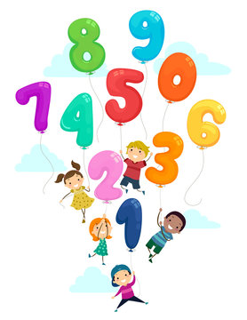 Stickman Kids Balloon Numbers Flying Illustration