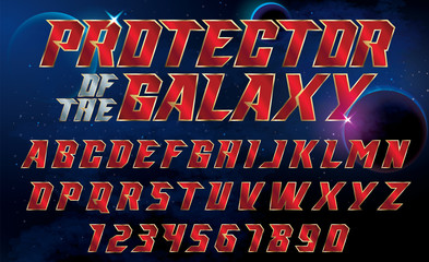 SuperHero font. Metallic effect letters and numbers on an universe background.