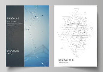 Vector layout of A4 format modern cover mockups design templates for brochure, magazine, flyer, booklet, annual report. Technology, science, future concept abstract futuristic backgrounds.