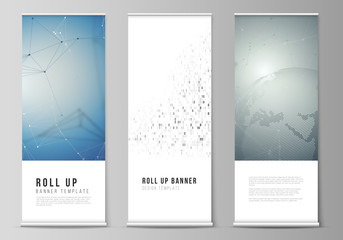 The vector illustration of the editable layout of roll up banner stands, vertical flyers, flags design business templates. Technology, science, future concept abstract futuristic backgrounds.