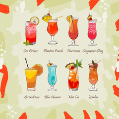 Set of classic tropical cocktails on abstract background. Fresh bar alcoholic drinks menu. Vector sketch illustration collection. Hand drawn. Blue Hawaii, Sea Breeze, Zombie, Singapore Sling, Mai Tai - 246998077