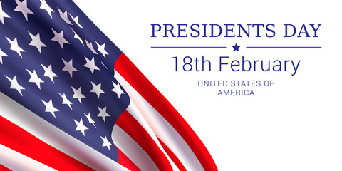 Vector banner design template for Presidents Day with realistic american flag and text.