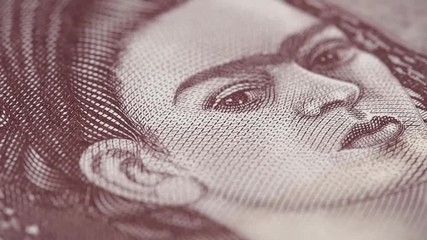 Frida Kahlo on Mexico 500 peso bill macro slow rotating. Low angle. Stock video footage.